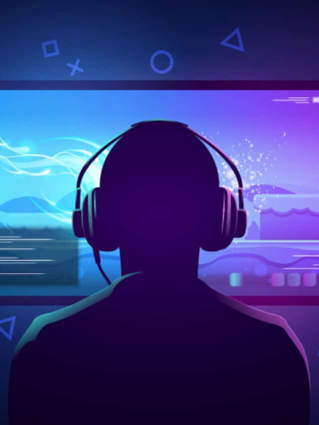 Vector Illustration Young Gamer Sit In Front Of A Screen And Playing Video Game. Wearing Headphone.